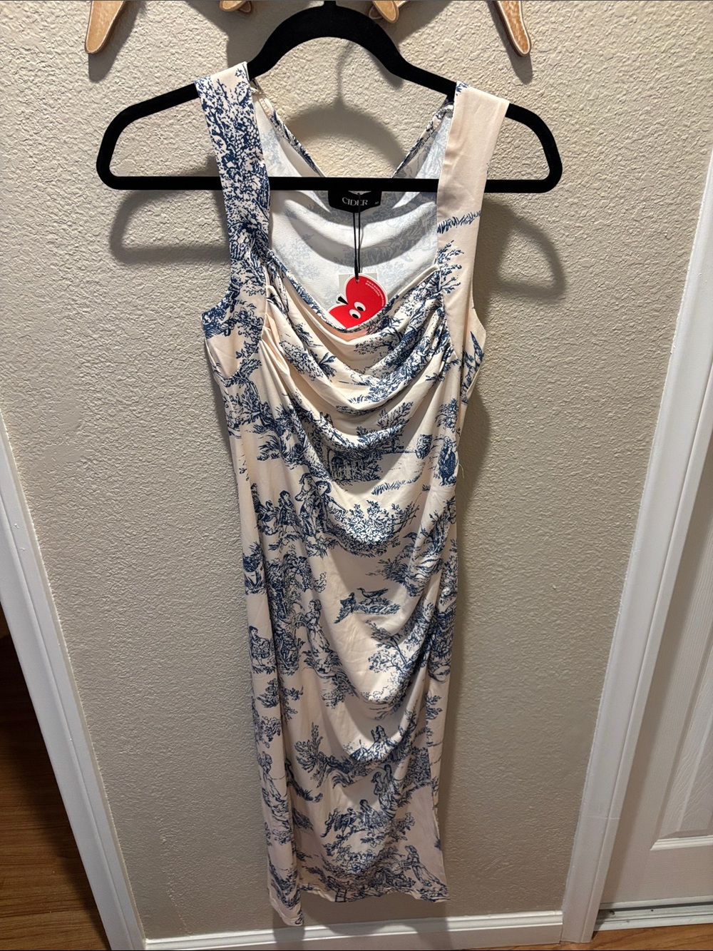 Cider Cream Dress with Blue Toile Print Cowl Neck